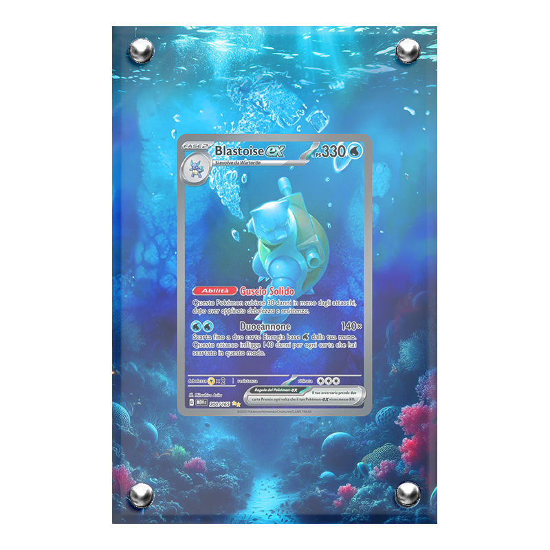 Extended artwork Blastoise EX 200 (151) in case acrilico, tonalità viola/indaco