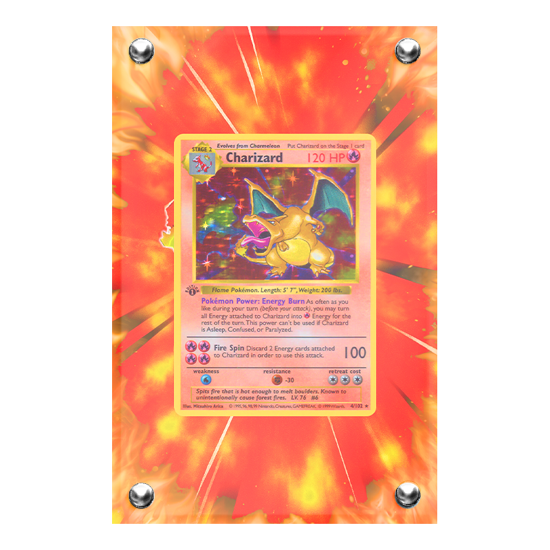 Extended artwork Charizard (Base Set) in case acrilico, palette tinte calde.
