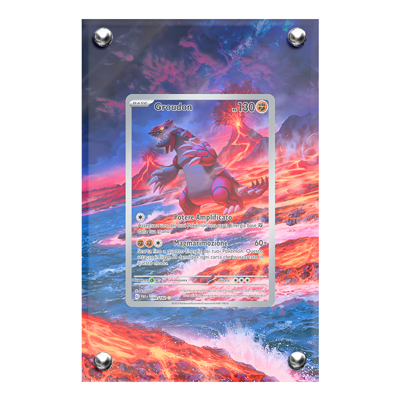Extended artwork Groudon 199 Paradosso Temporale in case acrilico, palette tinte calde