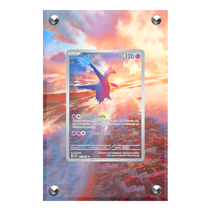 Extended artwork latios 203 scintille folgoranti in case acrilico, palette tinte calde (rosso/rosa/arancione)