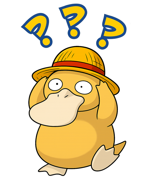 Psyduck con cappello e punti interrogativi accanto alle FAQ nella pagina contatti Headshot Trading Cards