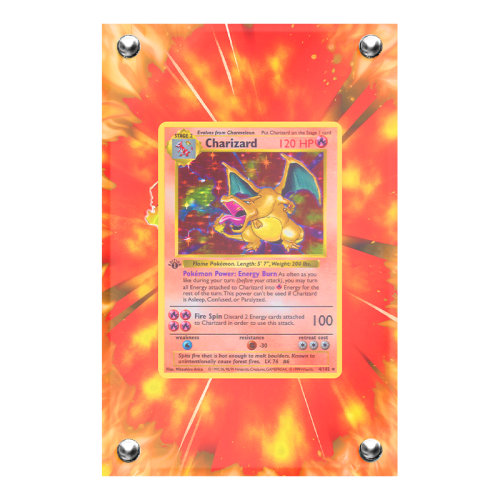 Extended artwork Charizard (Base Set) in case acrilico, palette tinte calde.