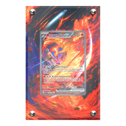 Extended artwork Moltres EX 229 Rivali Predestinati in case acrilico, palette tinte calde